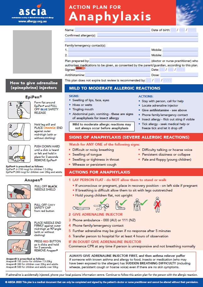 ASCIA Action Plan for Anaphylaxis General